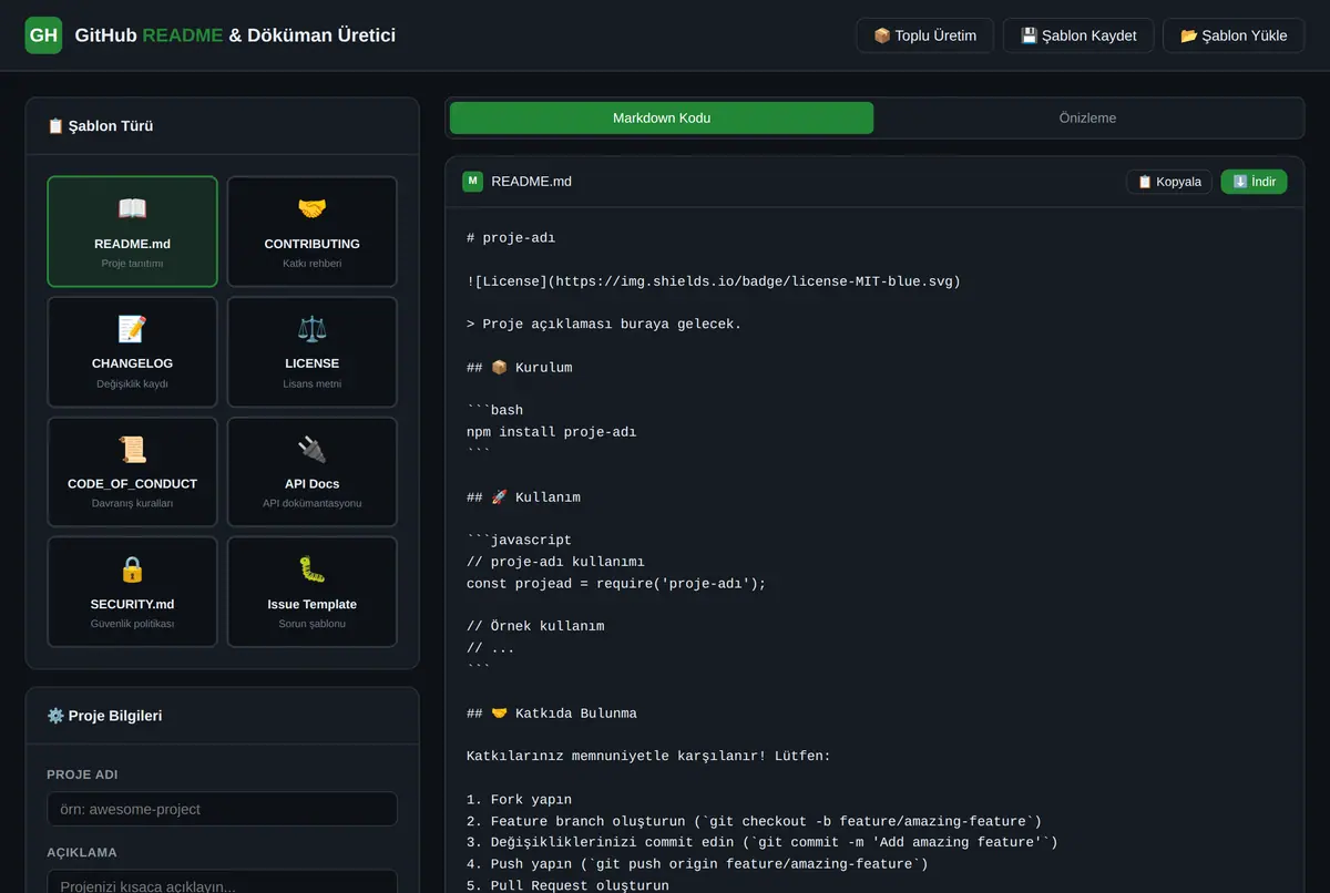 GitHub README & Döküman Şablonu Üretici ekran görüntüsü 2