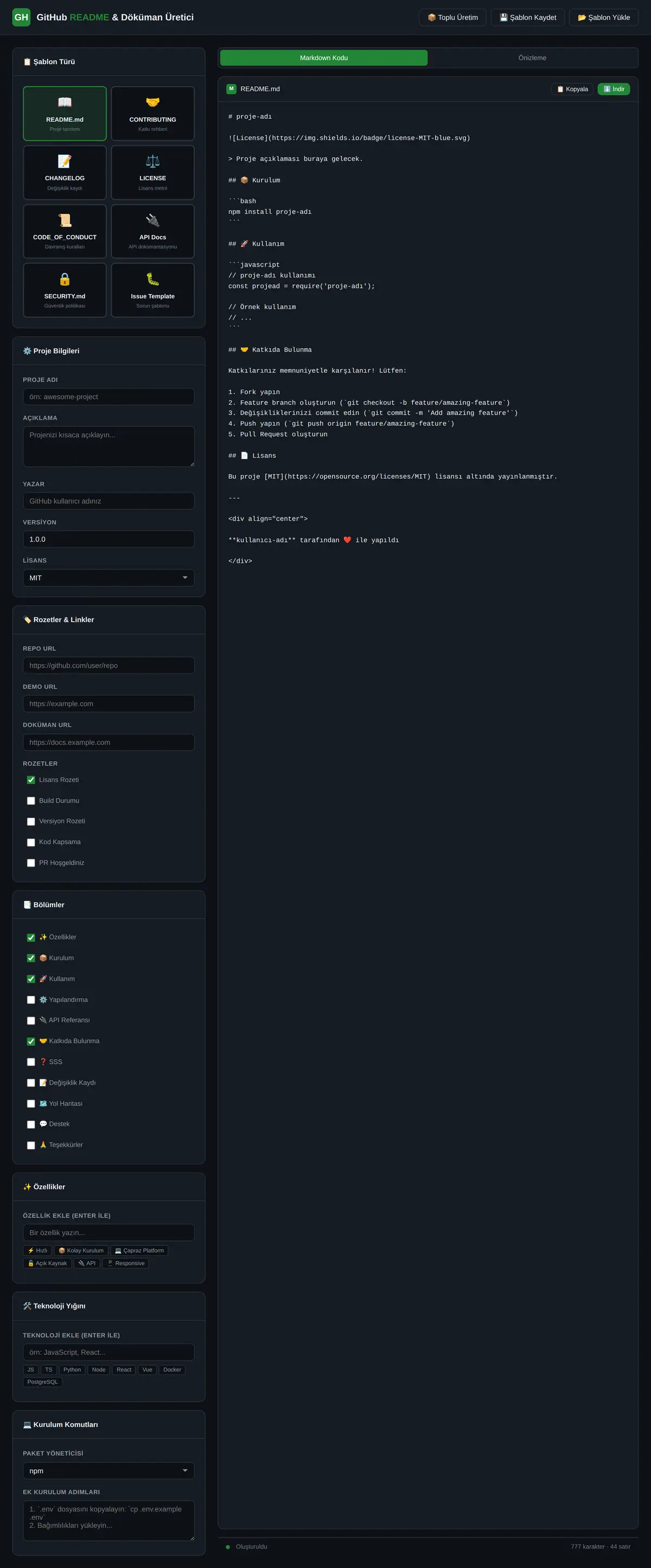GitHub README & Döküman Şablonu Üretici ekran görüntüsü 3