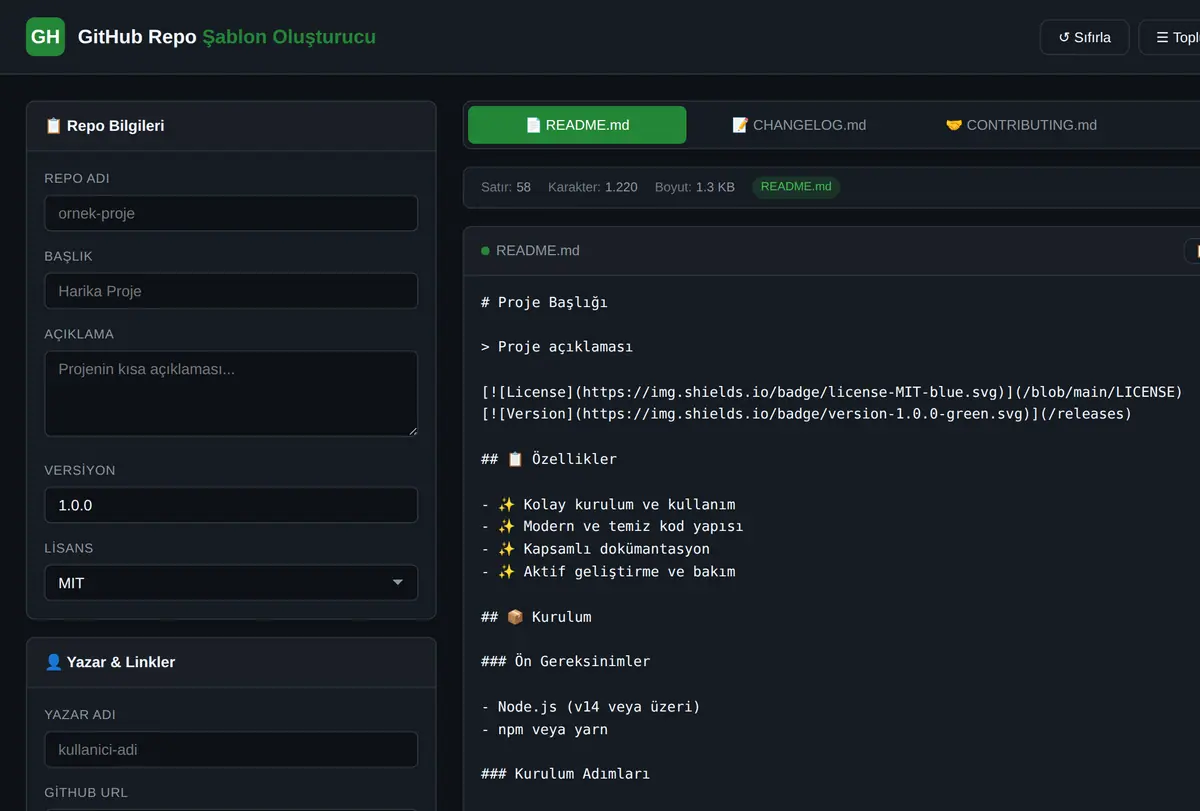 GitHub Repo Şablon Oluşturucu ekran görüntüsü