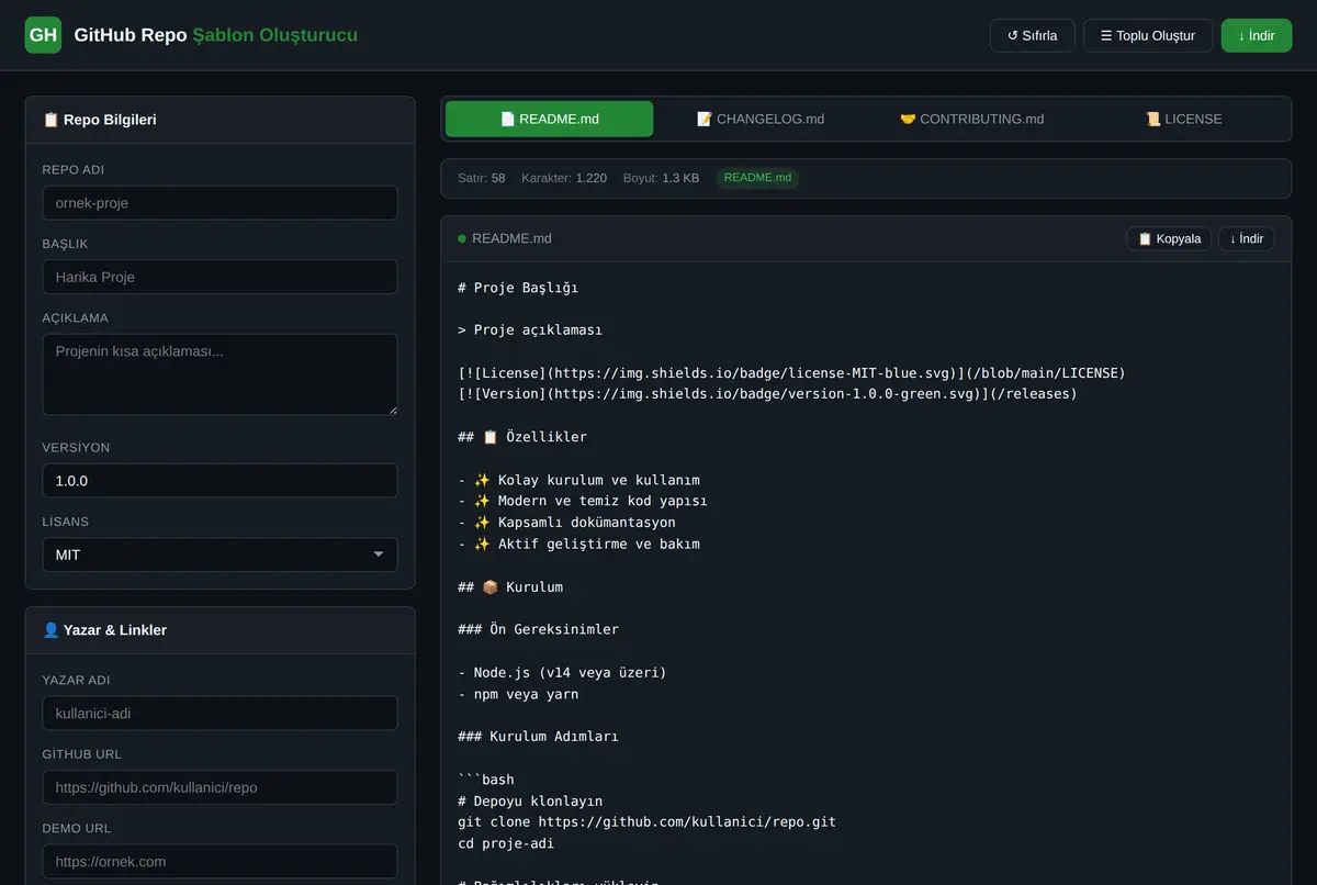 GitHub Repo Şablon Oluşturucu ekran görüntüsü 2