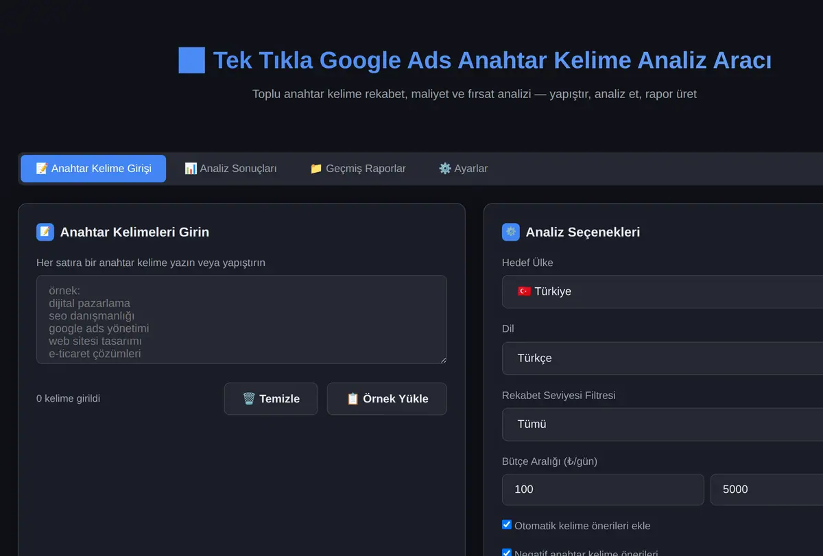 Tek Tıkla Google Ads Anahtar Kelime Analiz Aracı ekran görüntüsü