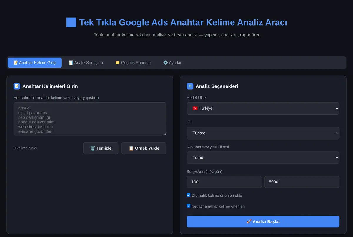 Tek Tıkla Google Ads Anahtar Kelime Analiz Aracı ekran görüntüsü 2