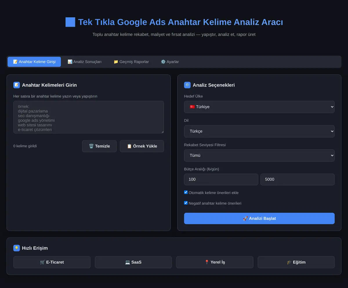 Tek Tıkla Google Ads Anahtar Kelime Analiz Aracı ekran görüntüsü 3