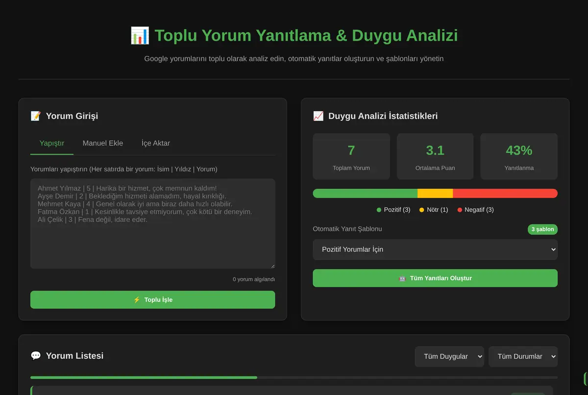 Toplu Yorum Yanıtlama & Duygu Analizi ekran görüntüsü 2