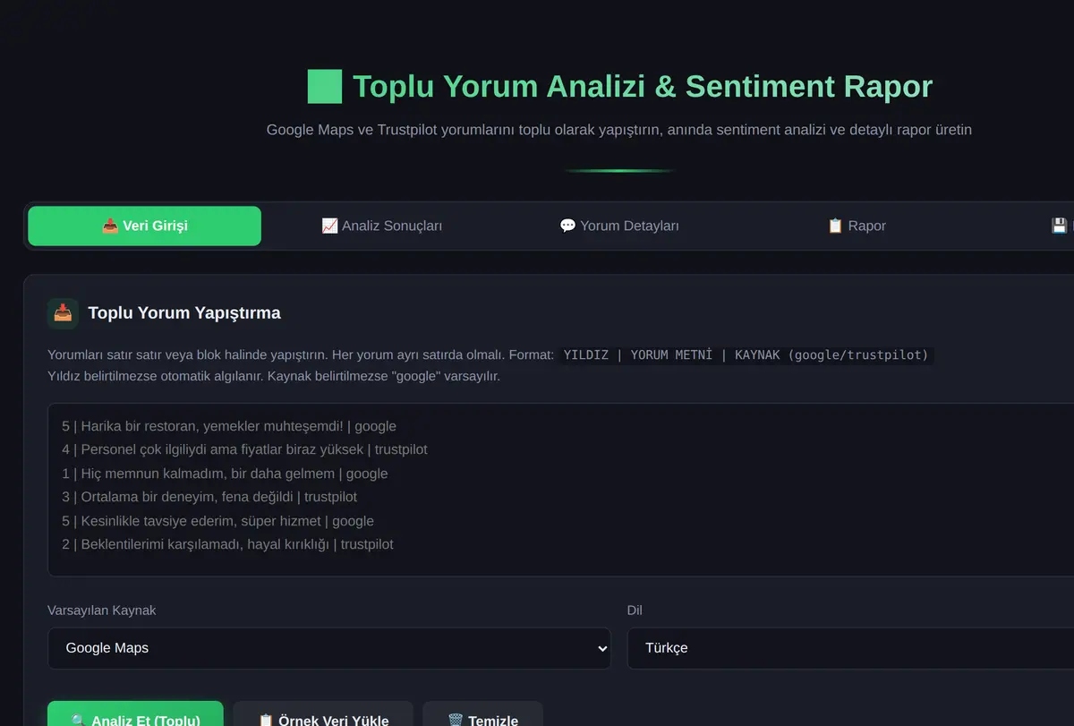 Toplu Yorum Analizi & Sentiment Rapor ekran görüntüsü