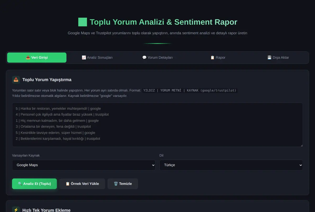 Toplu Yorum Analizi & Sentiment Rapor ekran görüntüsü 2
