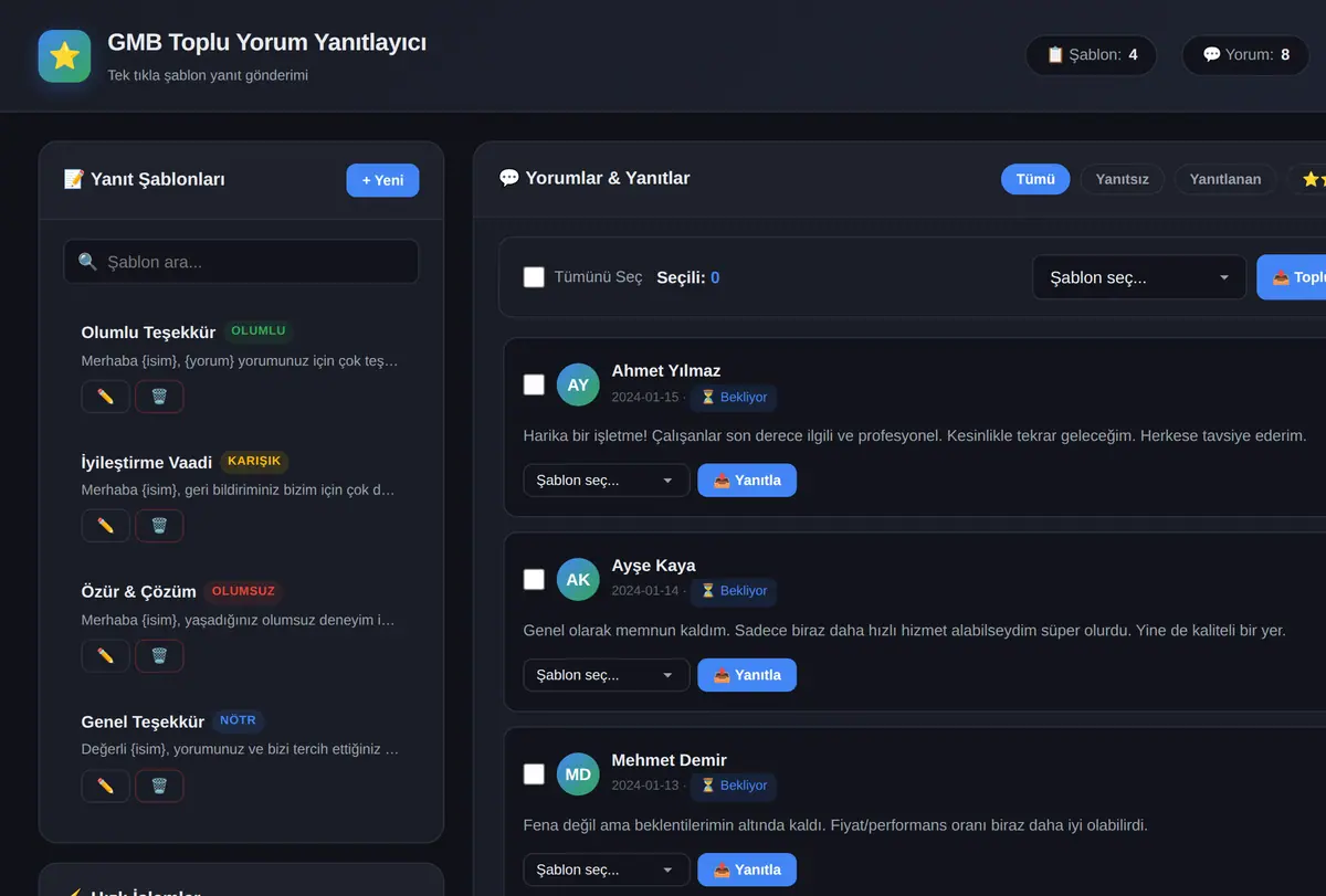 Google My Business Toplu Yorum Yanıtlayıcı Şablonları ekran görüntüsü