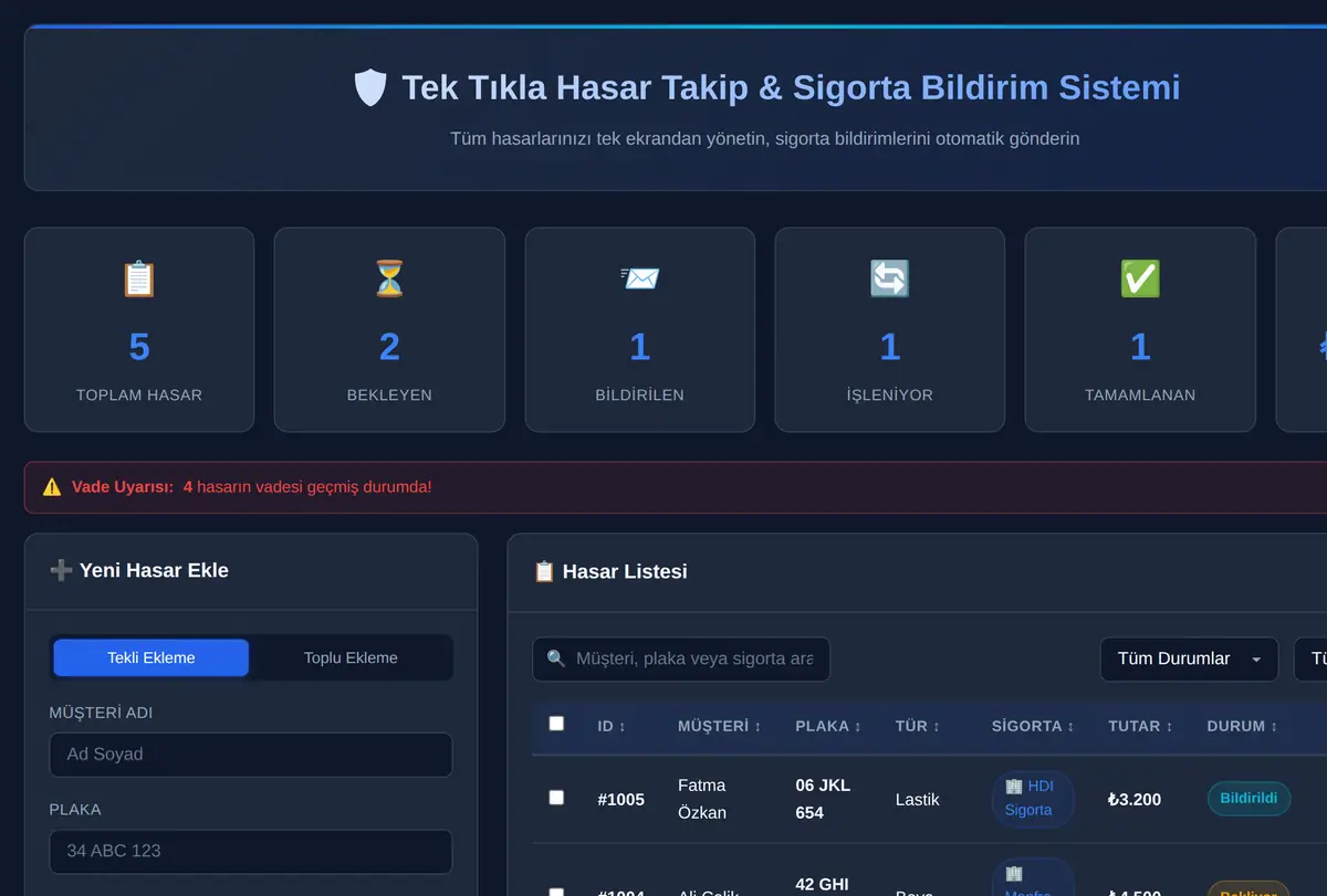 Tek Tıkla Hasar Takip & Sigorta Bildirim Sistemi ekran görüntüsü