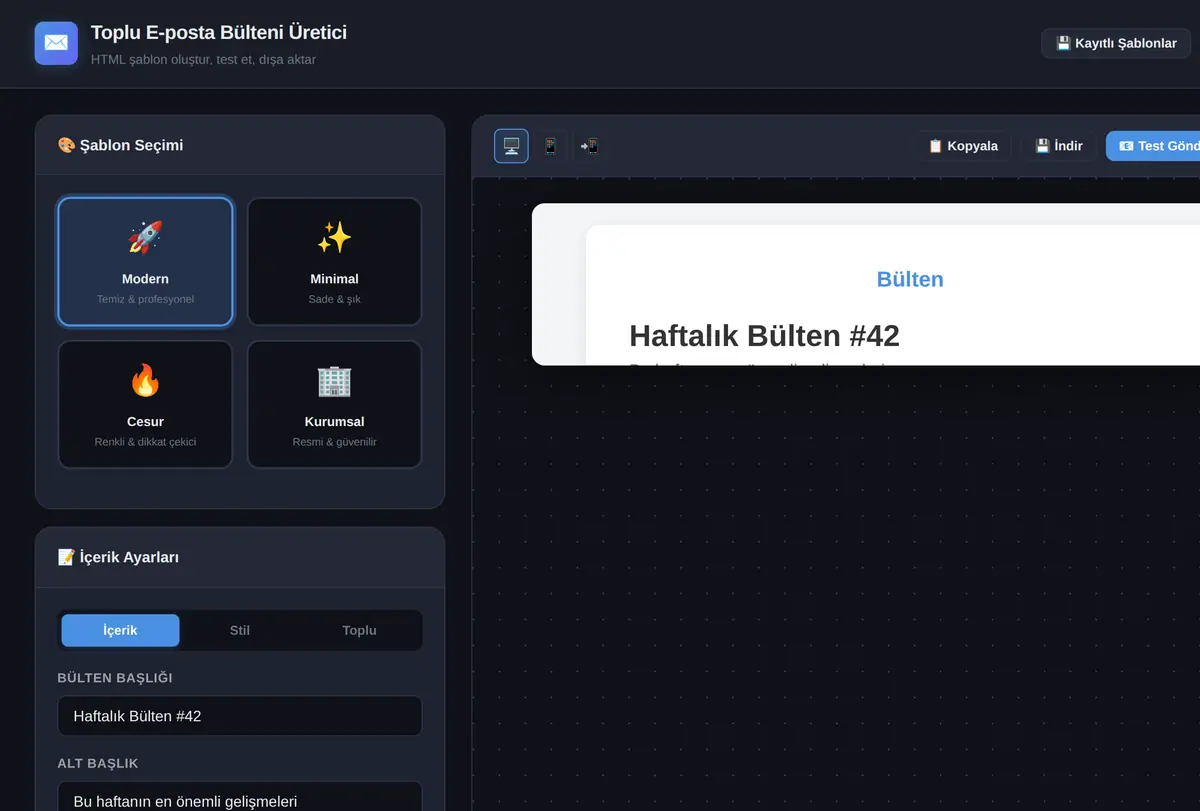 Toplu HTML E-posta Bülteni Şablon Üretici ekran görüntüsü