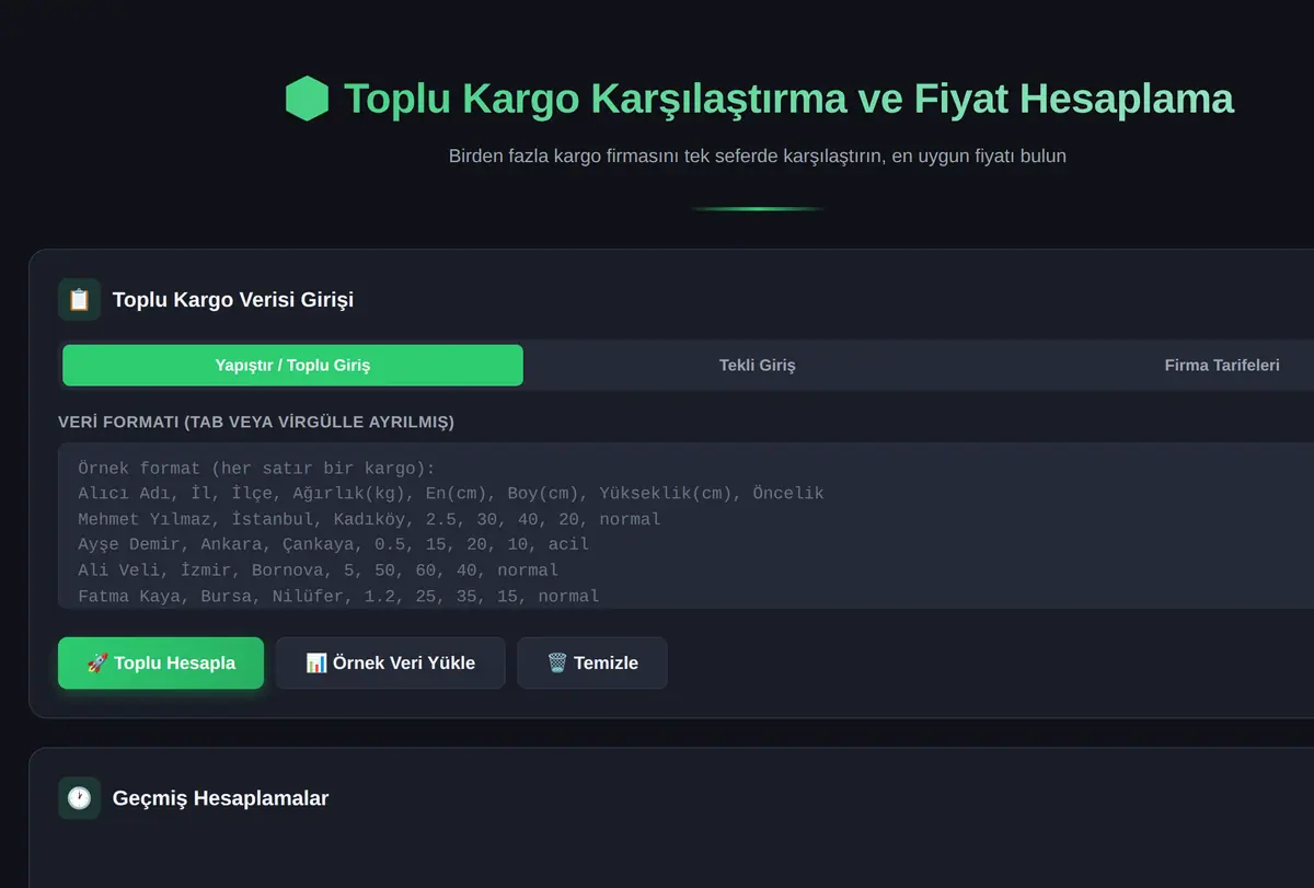 Toplu Kargo Karşılaştırma ve Fiyat Hesaplama Aracı ekran görüntüsü