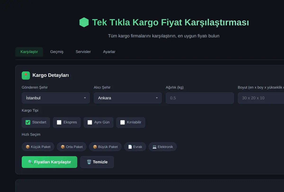 Tek Tıkla Kargo Fiyat Karşılaştırması ve Seçimi ekran görüntüsü