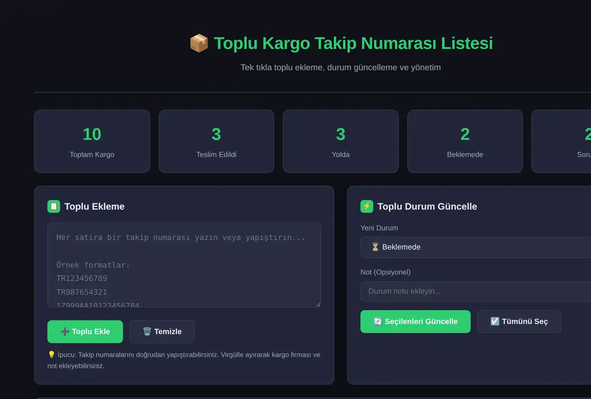 Toplu Kargo Takip Numarası Listesi ve Durum Güncelleyici ekran görüntüsü