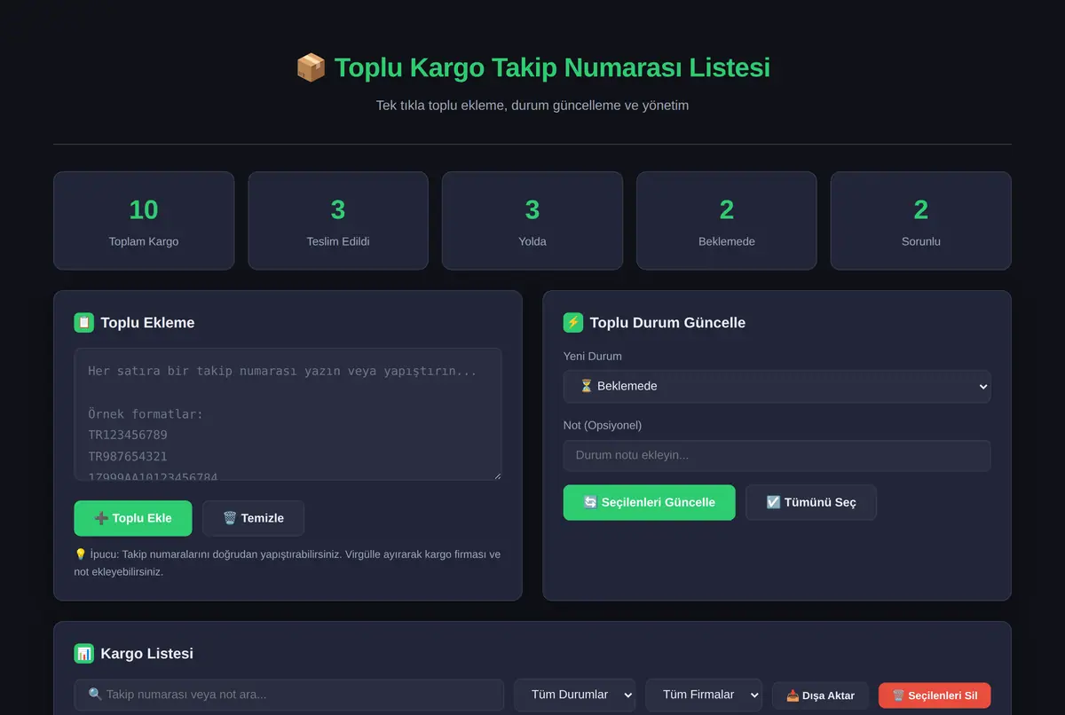 Toplu Kargo Takip Numarası Listesi ve Durum Güncelleyici ekran görüntüsü 2