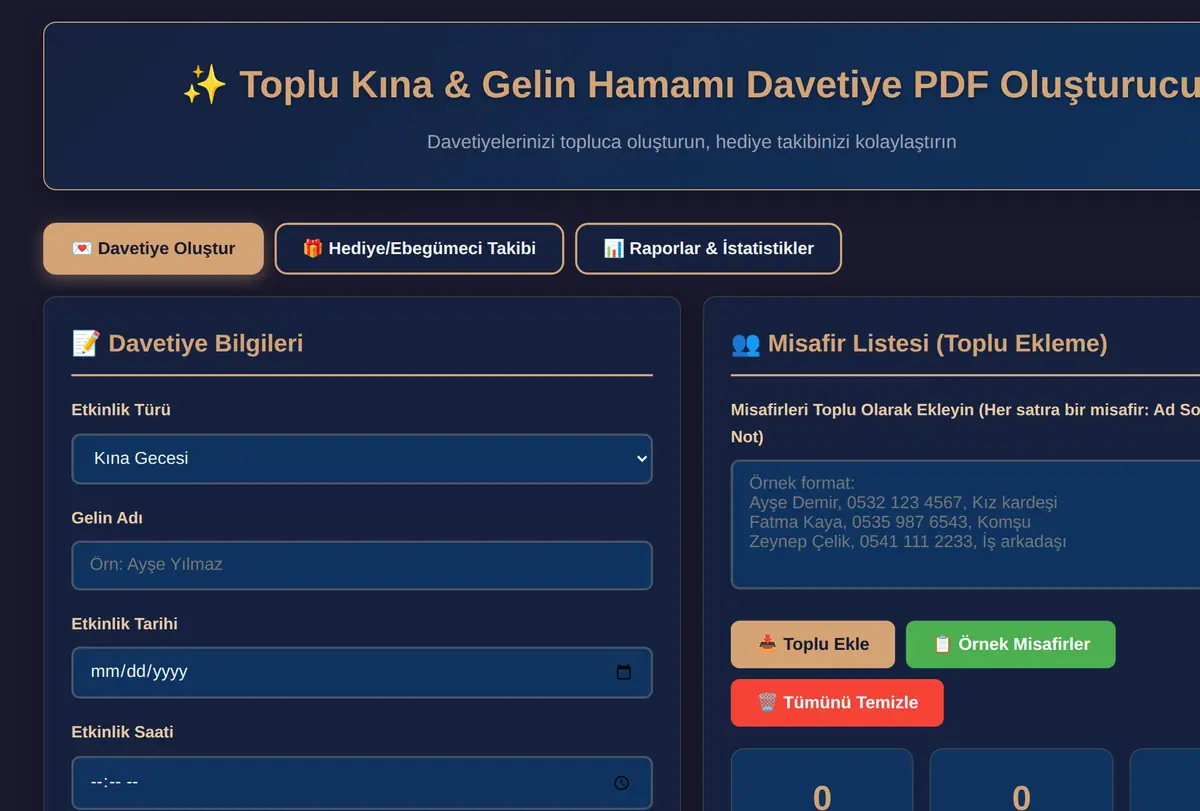 Toplu Kına & Gelin Hamamı Davetiye PDF Oluşturucu ekran görüntüsü