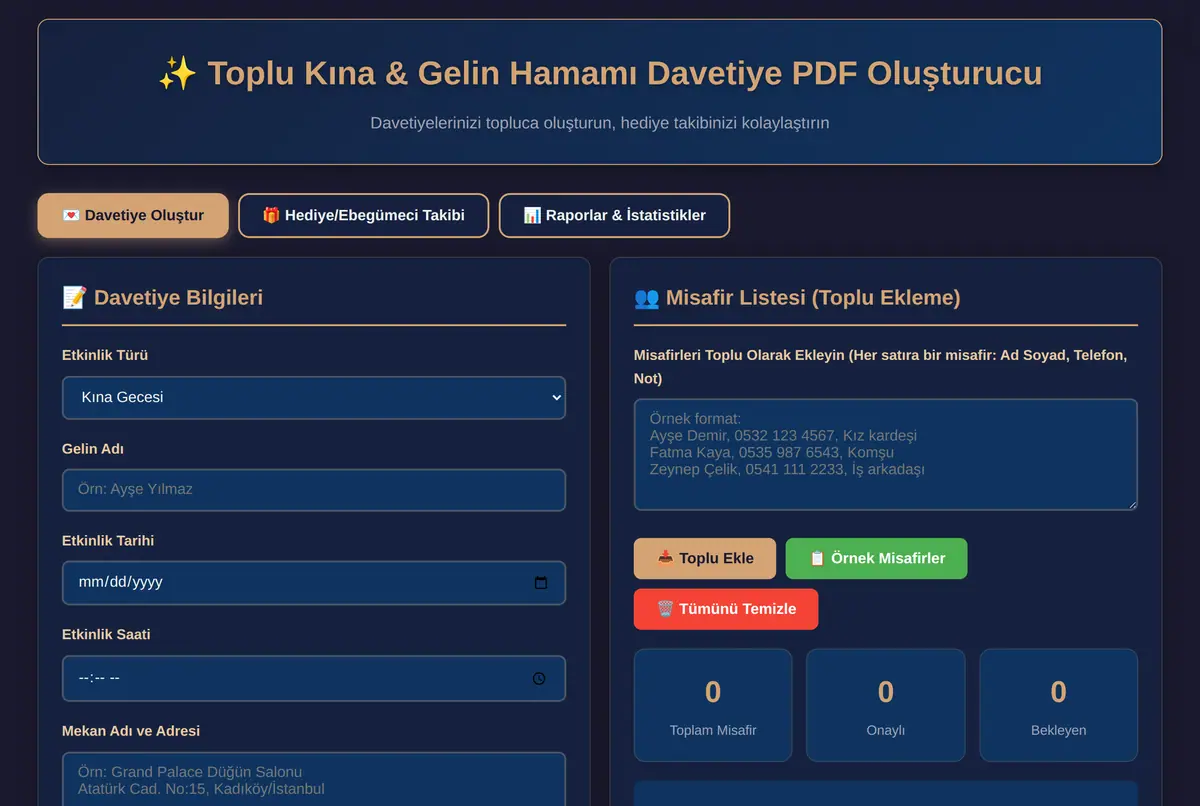 Toplu Kına & Gelin Hamamı Davetiye PDF Oluşturucu ekran görüntüsü 2