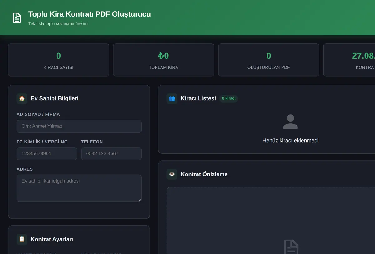 Toplu Kira Kontratı PDF Oluşturucu ekran görüntüsü