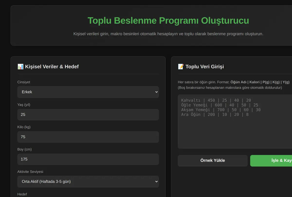 Toplu Beslenme Programı Oluşturucu & Makro Hesaplama ekran görüntüsü