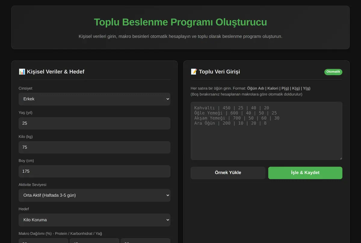 Toplu Beslenme Programı Oluşturucu & Makro Hesaplama ekran görüntüsü 2