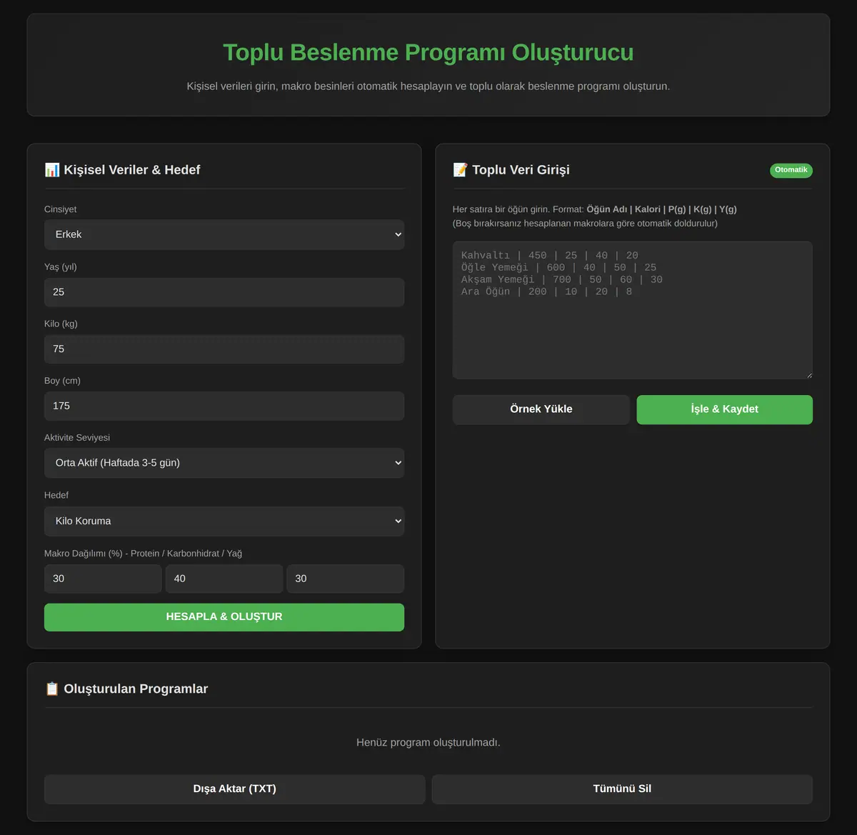 Toplu Beslenme Programı Oluşturucu & Makro Hesaplama ekran görüntüsü 3