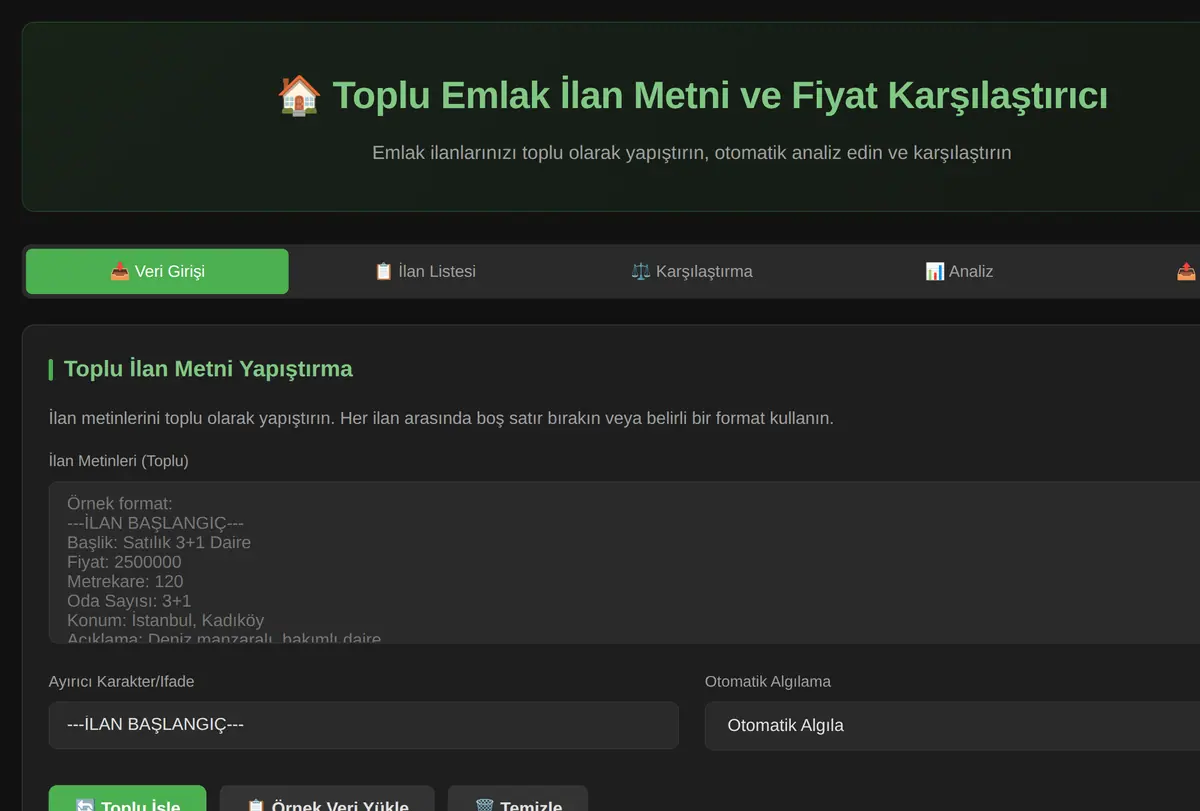 Toplu Emlak İlan Metni ve Fiyat Karşılaştırıcı ekran görüntüsü