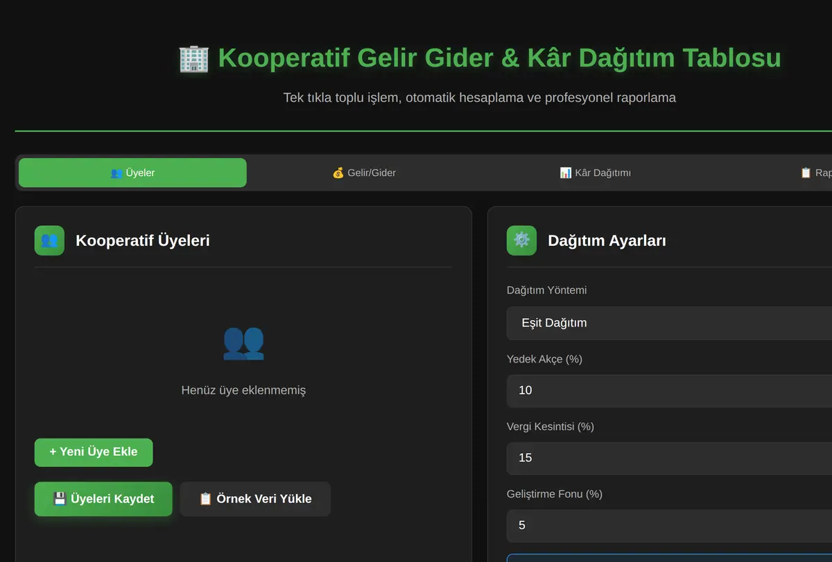Kooperatif Gelir Gider & Kâr Dağıtım Tablosu ekran görüntüsü