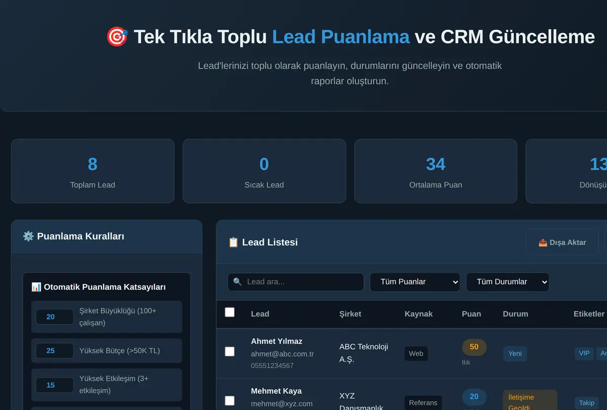 Tek Tıkla Toplu Lead Puanlama ve CRM Güncelleme ekran görüntüsü