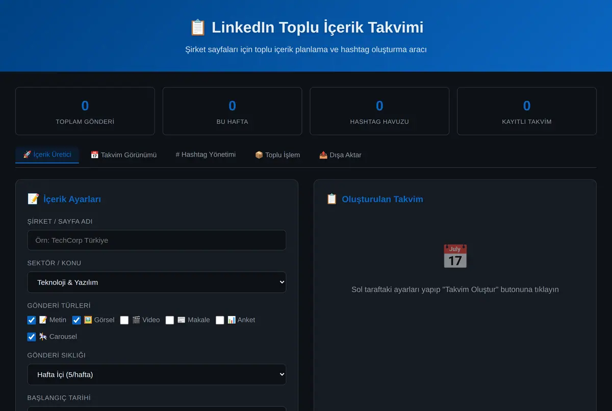 LinkedIn Toplu İçerik Takvimi ve Hashtag Oluşturucu ekran görüntüsü 2