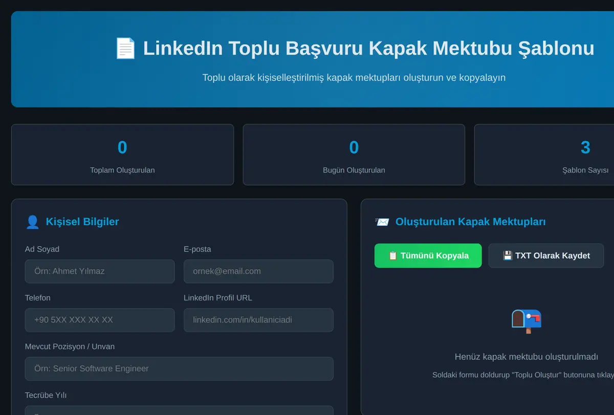 LinkedIn Toplu Başvuru Kapak Mektubu Şablonu ekran görüntüsü