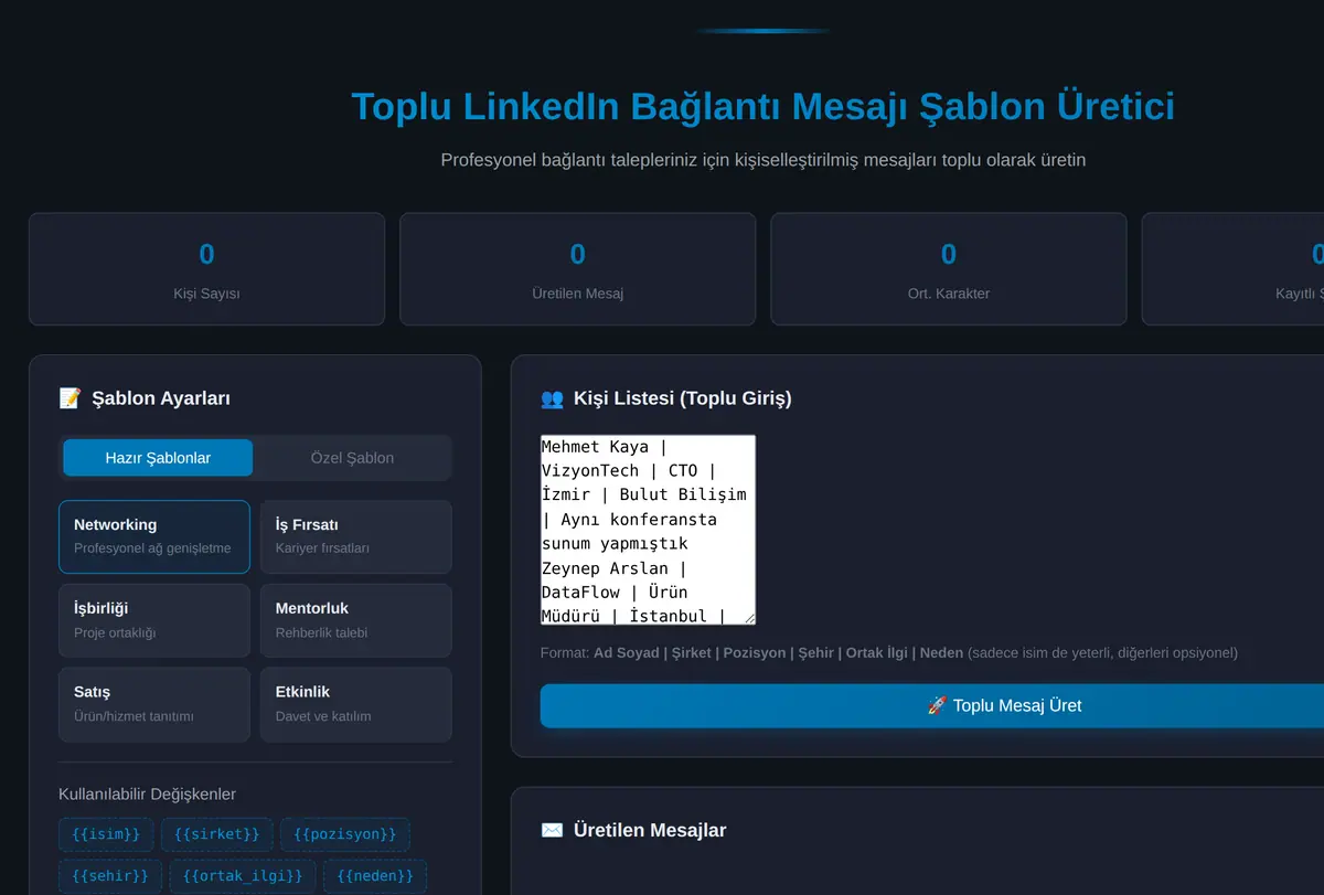 Toplu LinkedIn Bağlantı Mesajı Şablon Üretici ekran görüntüsü