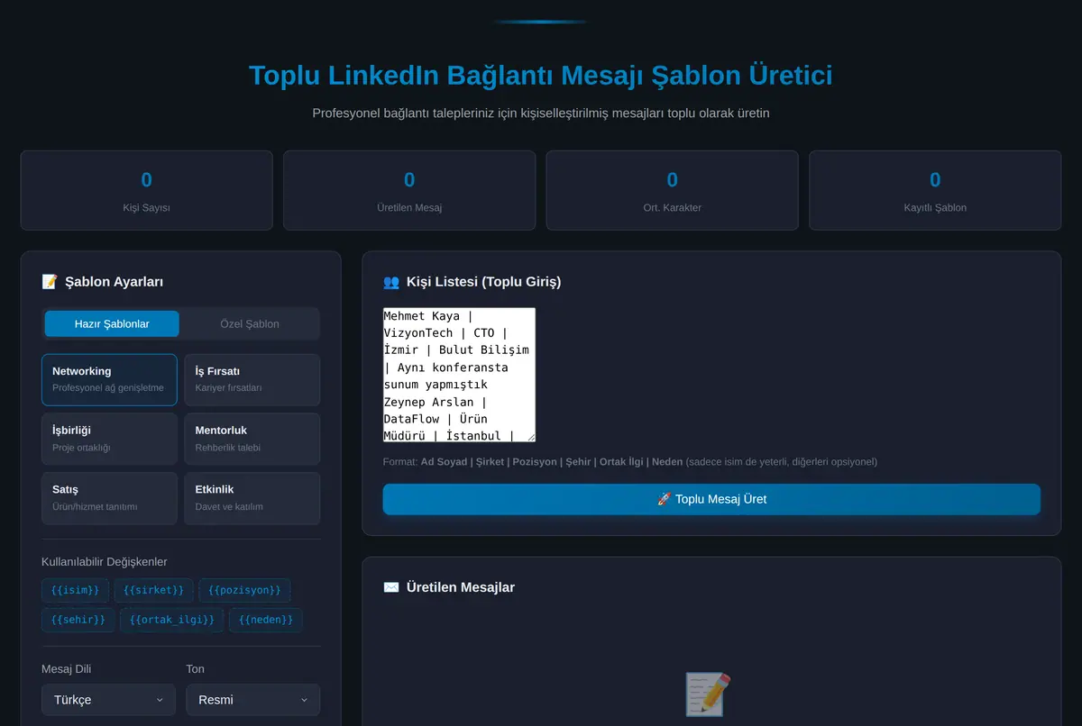 Toplu LinkedIn Bağlantı Mesajı Şablon Üretici ekran görüntüsü 2