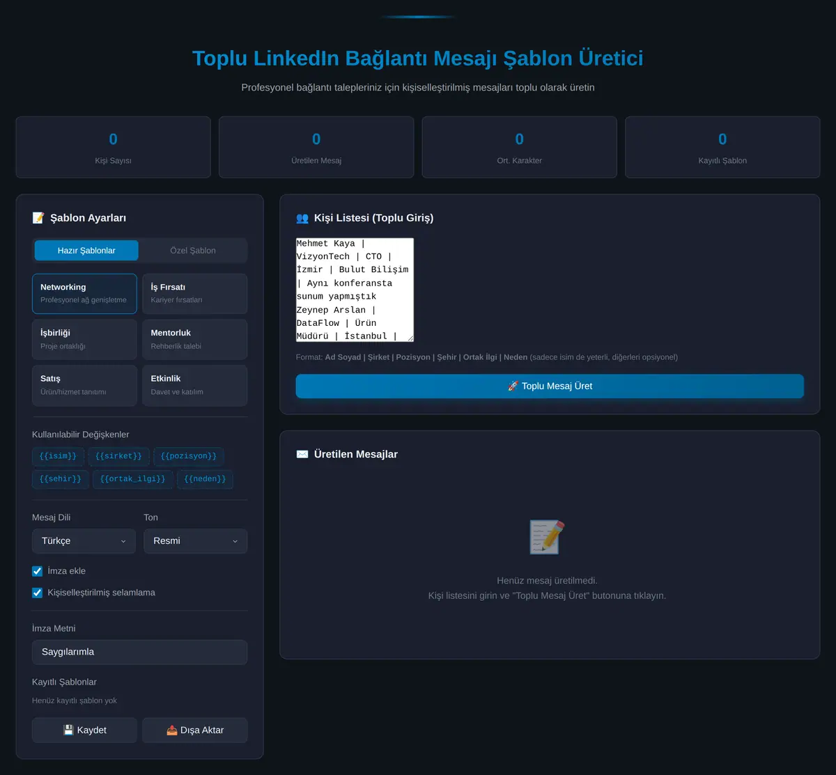 Toplu LinkedIn Bağlantı Mesajı Şablon Üretici ekran görüntüsü 3