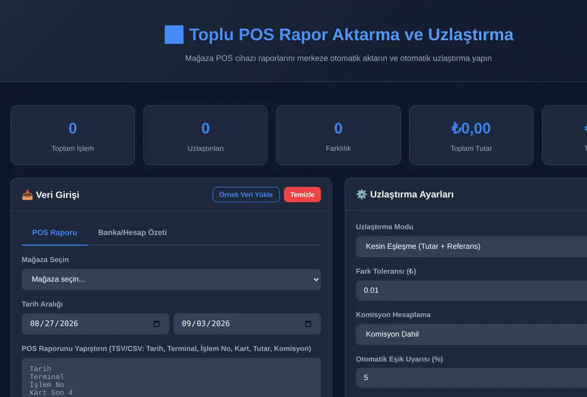 Toplu POS Rapor Aktarma ve Uzlaştırma ekran görüntüsü