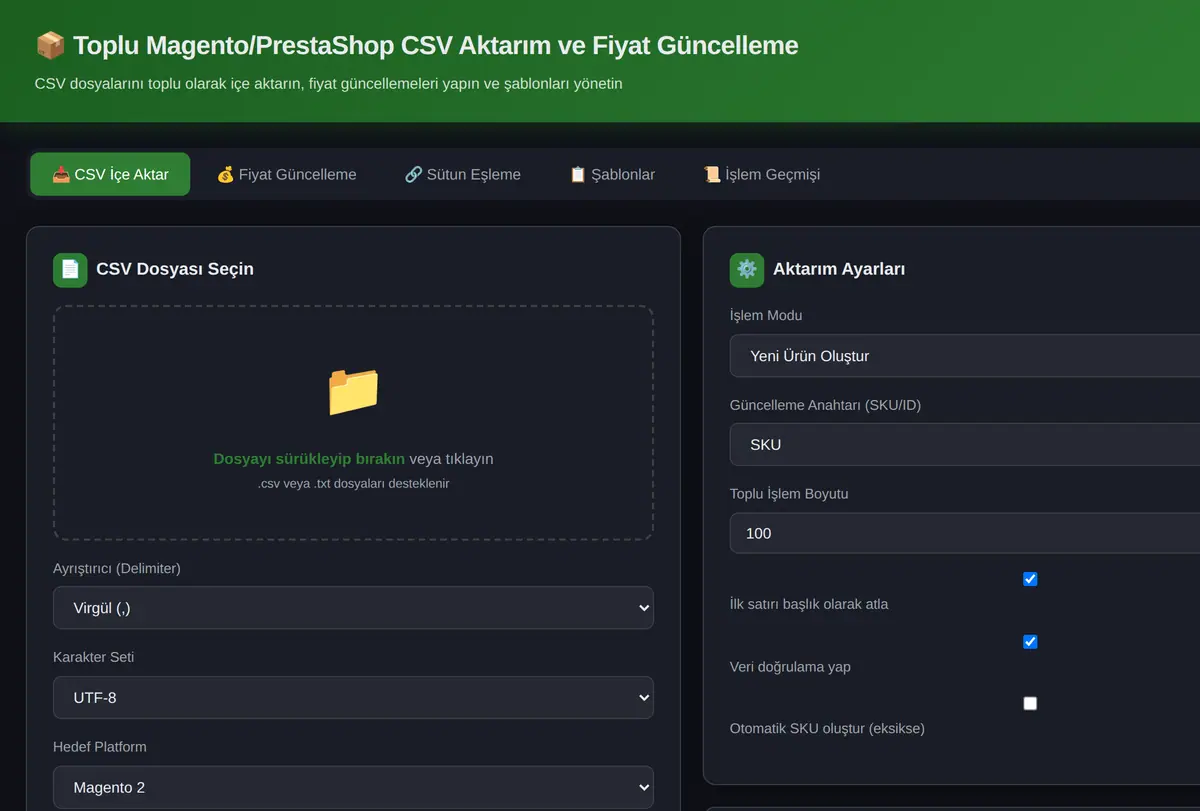 Toplu Magento/PrestaShop CSV Aktarım ve Fiyat Güncelleme ekran görüntüsü