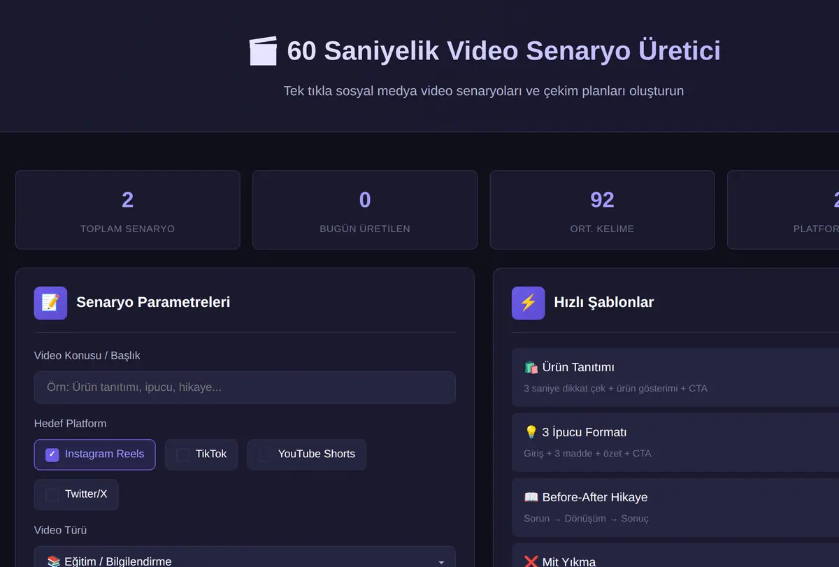 60 Saniyelik Sosyal Medya Video Senaryo Üretici ekran görüntüsü
