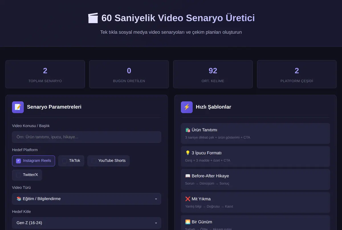 60 Saniyelik Sosyal Medya Video Senaryo Üretici ekran görüntüsü 2