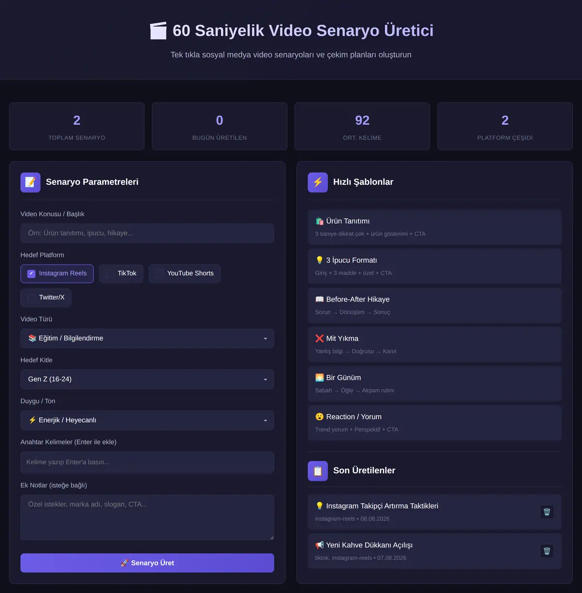 60 Saniyelik Sosyal Medya Video Senaryo Üretici ekran görüntüsü 3