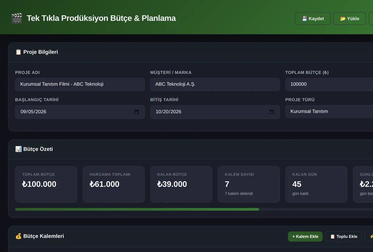 Tek Tıkla Prodüksiyon Bütçe & Planlama Aracı ekran görüntüsü