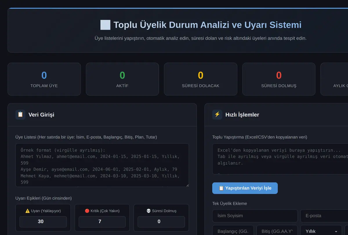 Toplu Üyelik Durum Analizi ve Uyarı Sistemi ekran görüntüsü