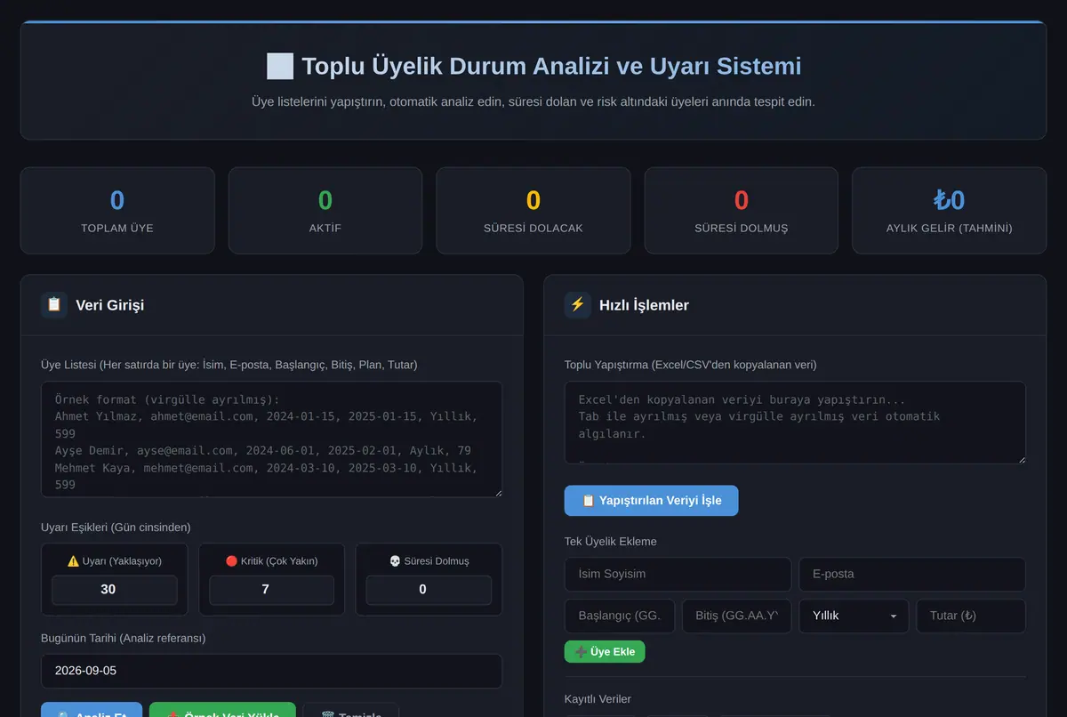 Toplu Üyelik Durum Analizi ve Uyarı Sistemi ekran görüntüsü 2