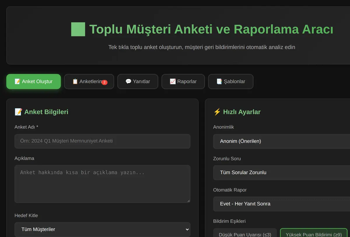 Toplu Müşteri Anketi ve Raporlama Aracı ekran görüntüsü