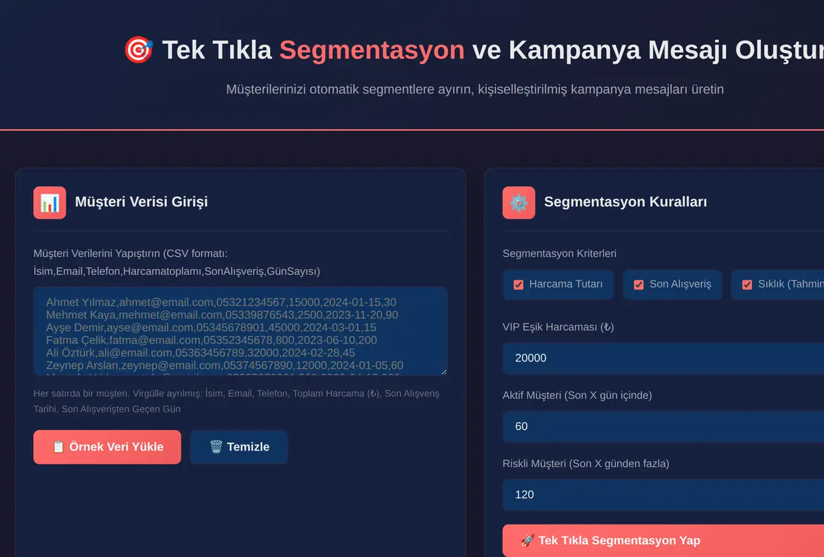 Tek Tıkla Segmentasyon ve Kampanya Mesajı Oluştur ekran görüntüsü
