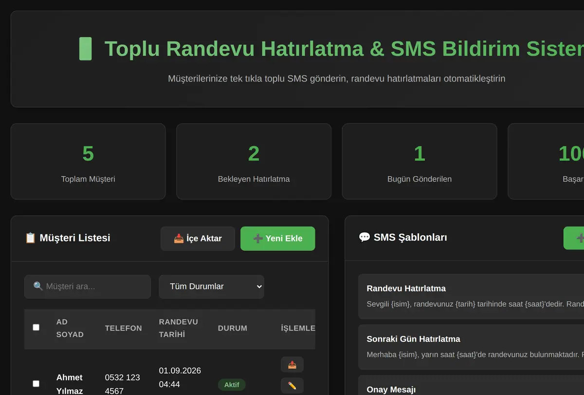 Toplu Randevu Hatırlatma & SMS Bildirim Sistemi ekran görüntüsü