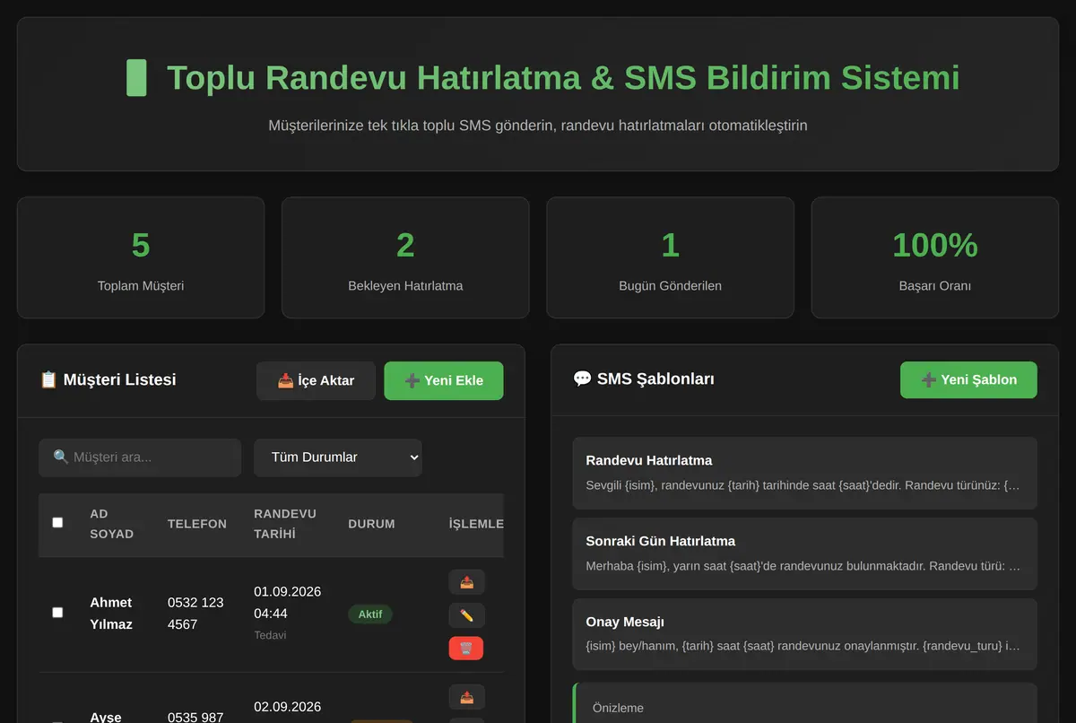 Toplu Randevu Hatırlatma & SMS Bildirim Sistemi ekran görüntüsü 2
