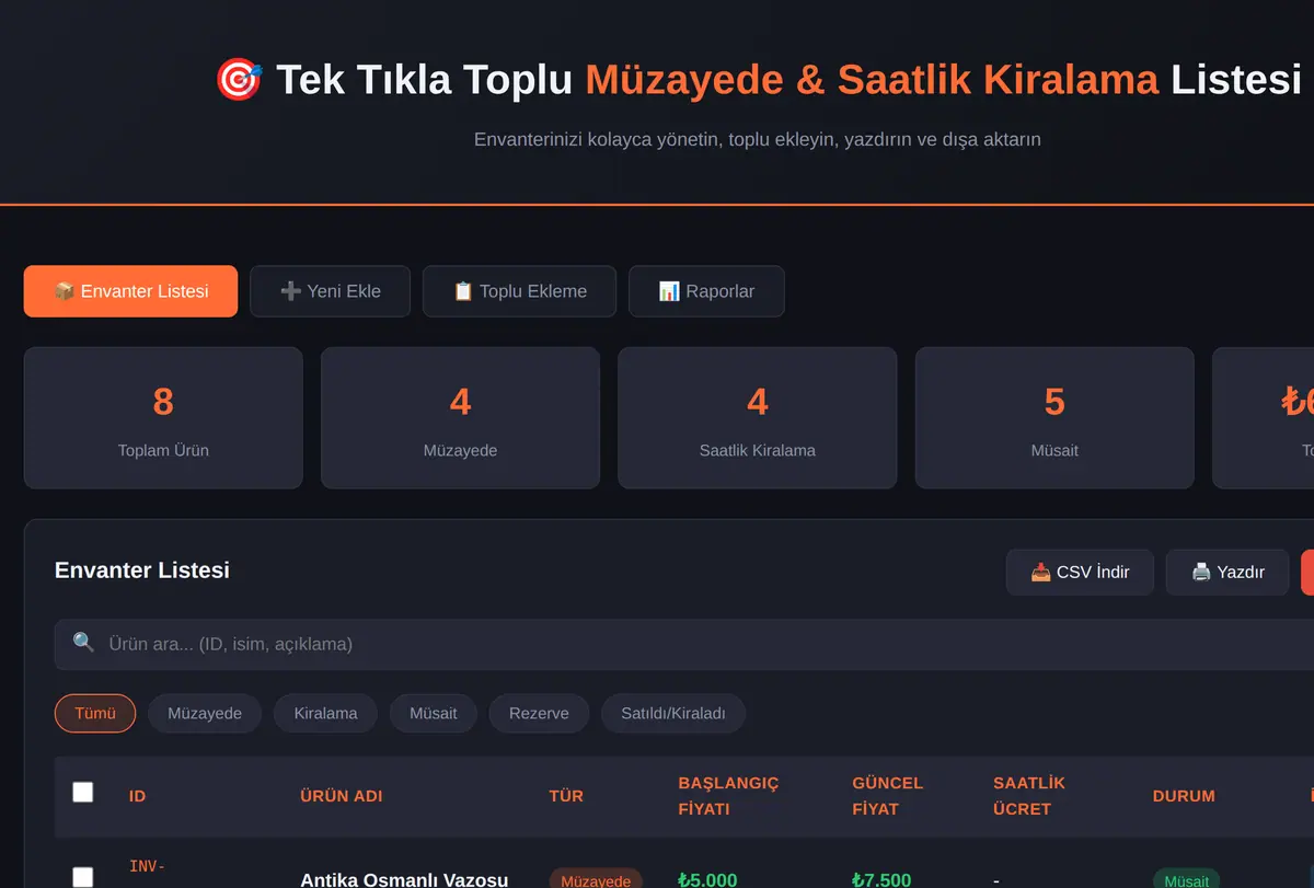 Tek Tıkla Toplu Müzayede & Saatlik Kiralama Listesi ekran görüntüsü