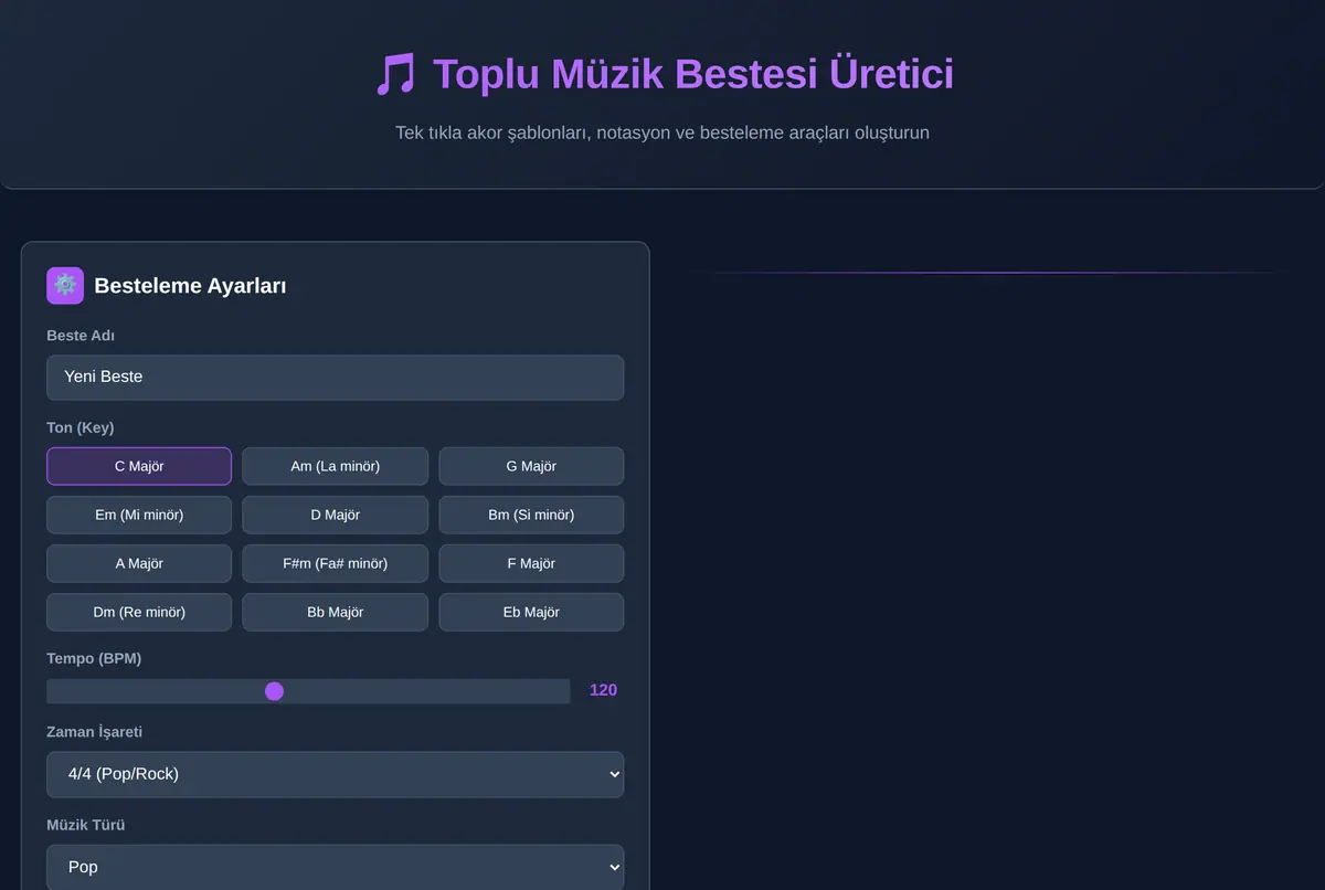 Toplu Müzik Bestesi Akor ve Notasyon Üretici ekran görüntüsü 2
