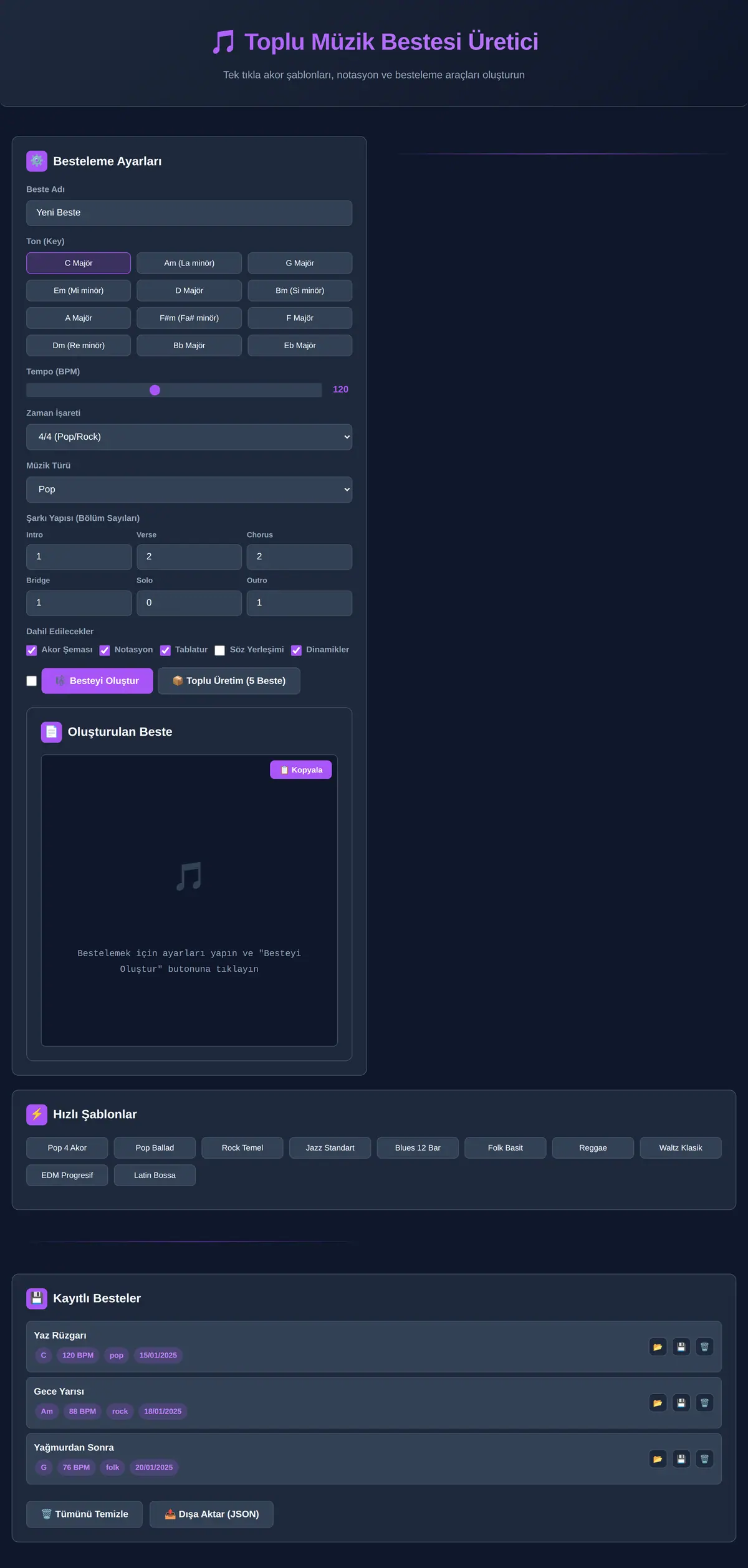 Toplu Müzik Bestesi Akor ve Notasyon Üretici ekran görüntüsü 3