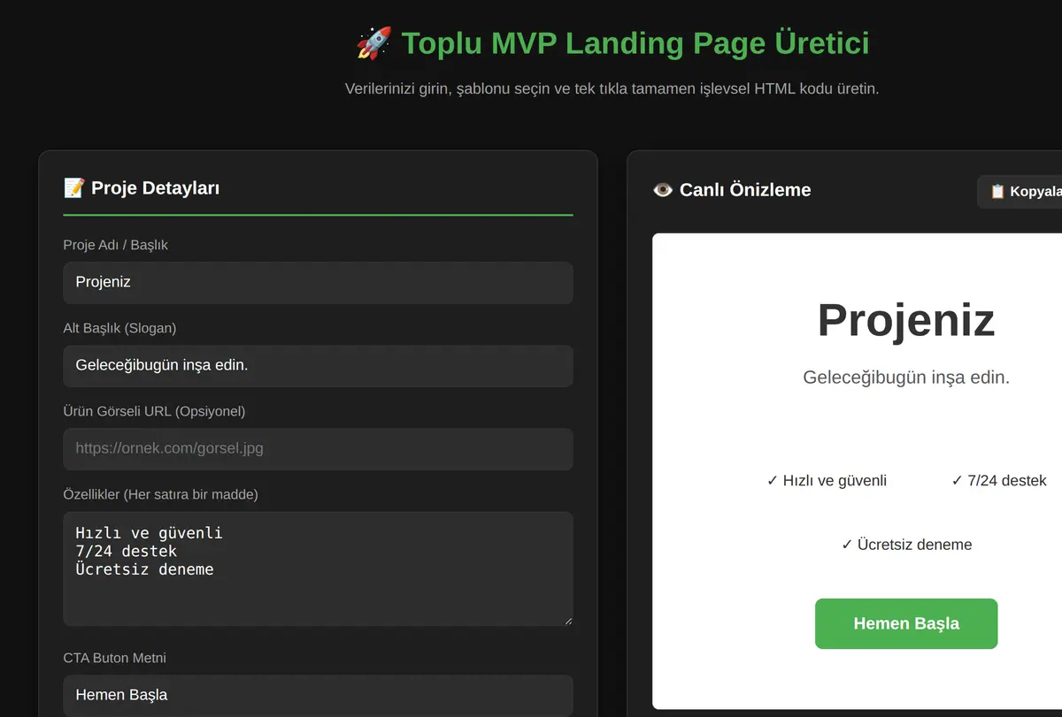 Toplu MVP Landing Page Üretici ekran görüntüsü