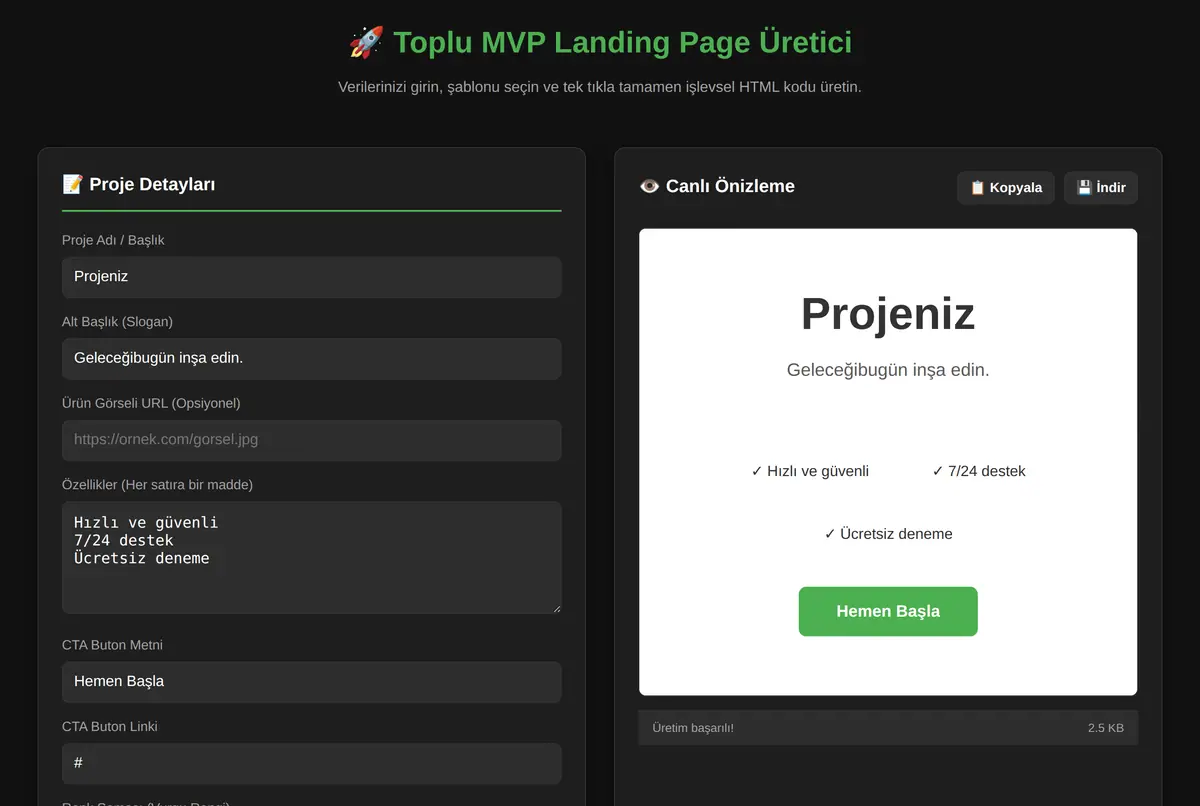 Toplu MVP Landing Page Üretici ekran görüntüsü 2