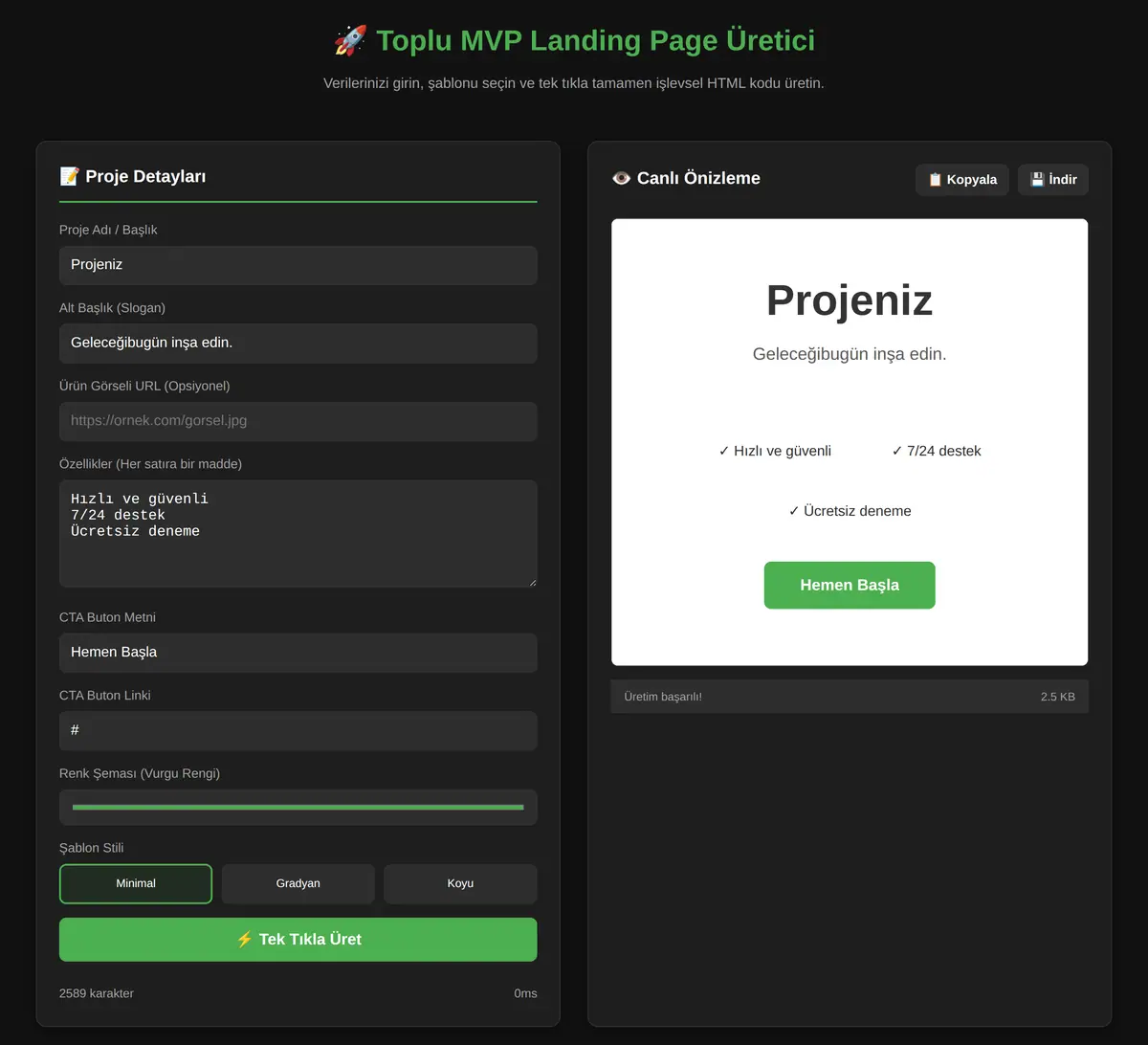 Toplu MVP Landing Page Üretici ekran görüntüsü 3