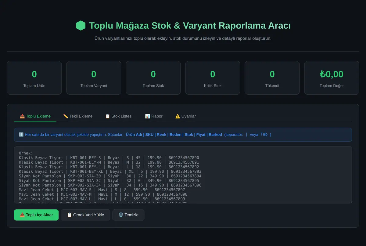 Toplu Mağaza Stok & Varyant Raporlama Aracı ekran görüntüsü 2